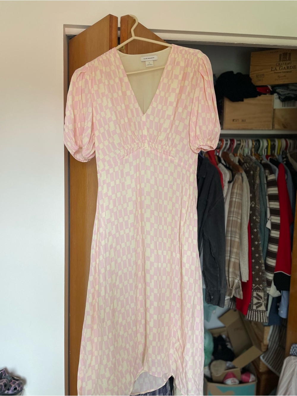 CLUB MONACO Pink and Cream Checkerboard Midi Dress